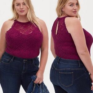 NWT torrid Lace High Neck Bodysuit Dark Purple Sleeveless Snap-button Bottom 3X